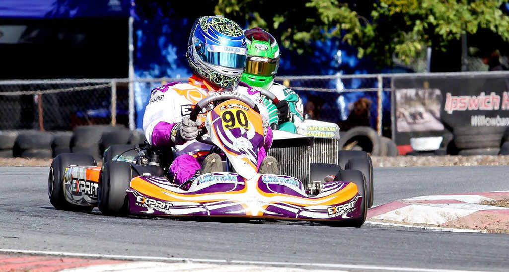 CLOSE RACING: Daniel Richert leads the race on his way to winning the DD2 Masters final under lights at the Ipswich Kart Club track. CLOSE RACING: Daniel Richert leads the race on his way to winning the DD2 Masters final under lights at the Ipswich Kart Club track.